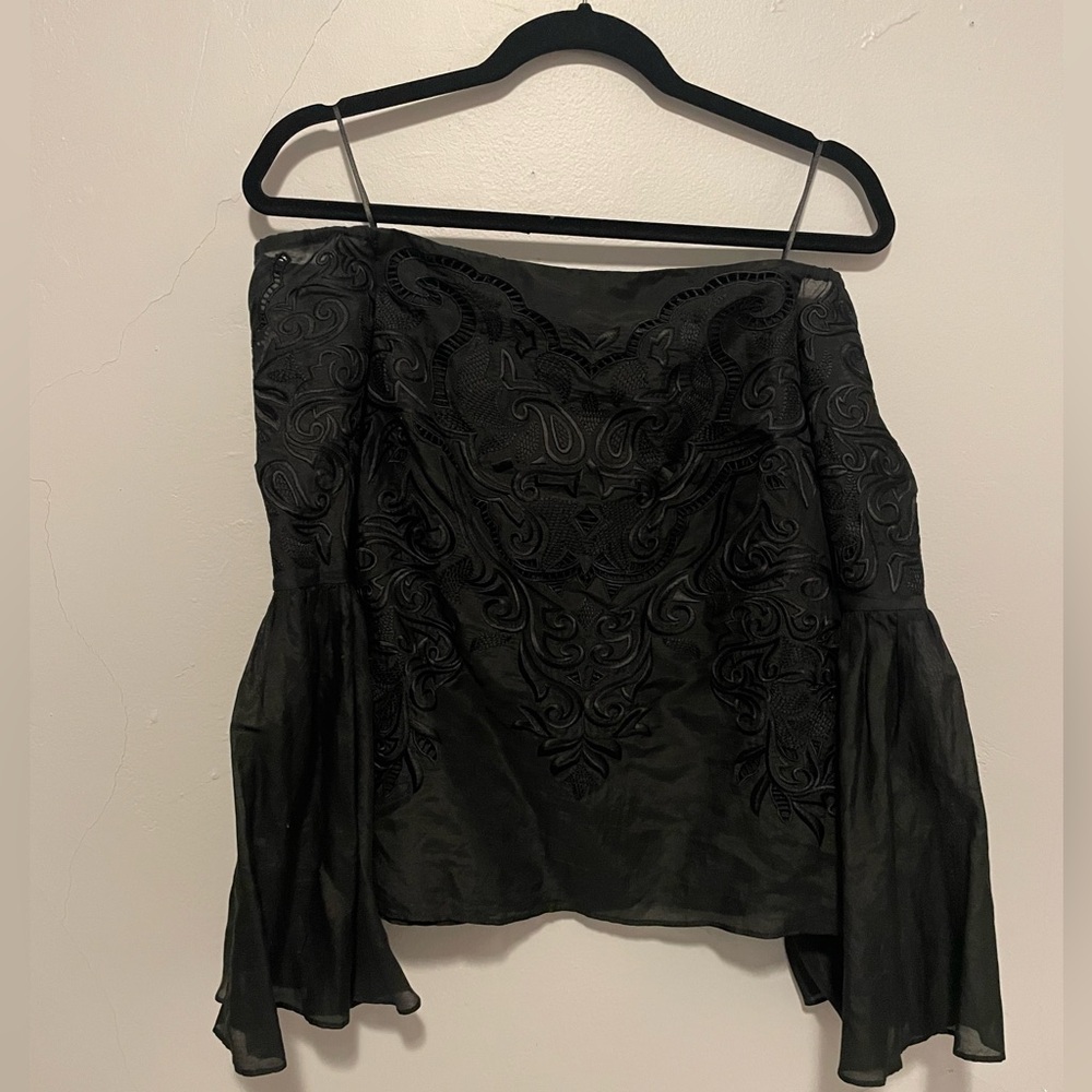 INTERMIX Black Off-Shoulder Embroidered Blouse